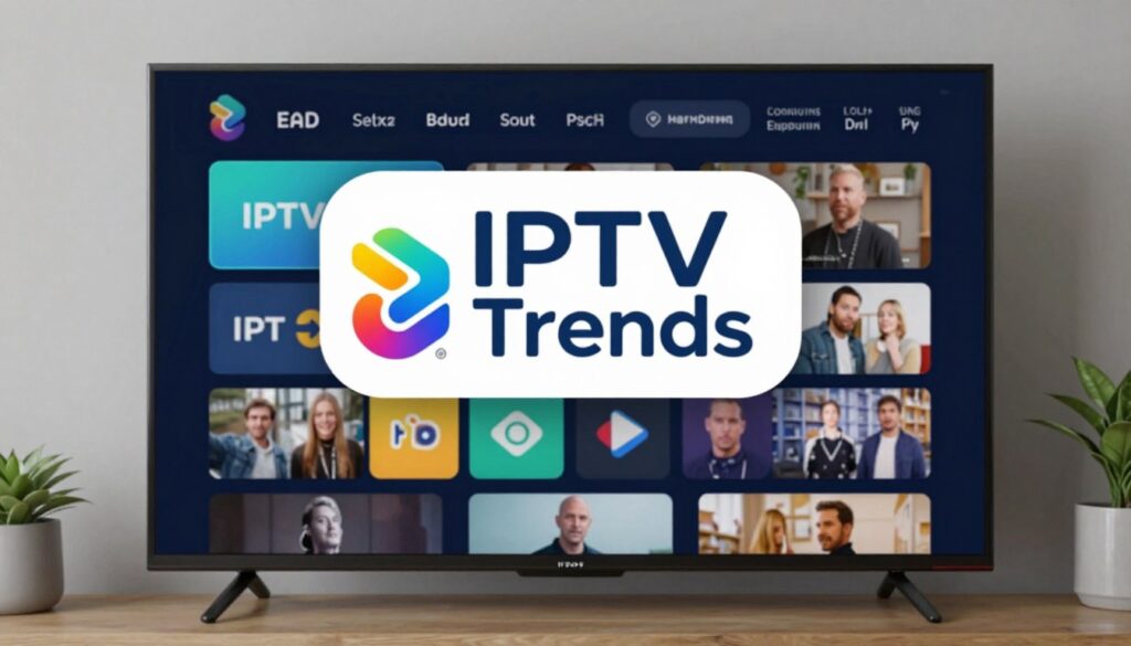 Generate an image of the IPTV Trends logo with a TV screen displaying various channels. Generate an image of the IPTV Trends logo with a TV screen displaying various channels.