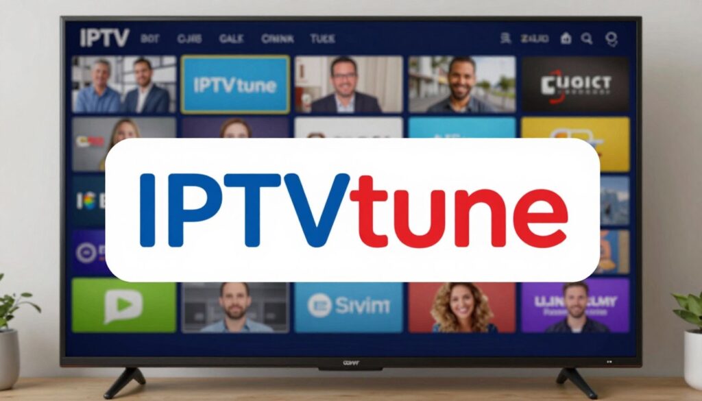 Generate an image of the IPTVtune logo with a TV screen displaying various channels. Generate an image of the IPTVtune logo with a TV screen displaying various channels.