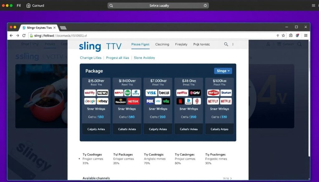 Generate an image of the Sling TV website, showcasing its package options and channel lineups. Generate an image of the Sling TV website, showcasing its package options and channel lineups.