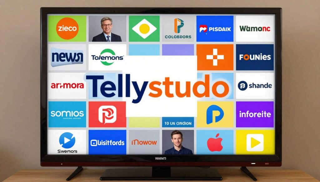 Generate an image of the Tellystudio logo with a TV screen displaying various channels. Generate an image of the Tellystudio logo with a TV screen displaying various channels.