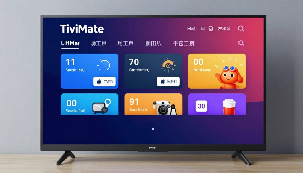 Generate an image of the TiviMate interface on an Android TV screen, showcasing its sleek and modern design. Generate an image of the TiviMate interface on an Android TV screen, showcasing its sleek and modern design.