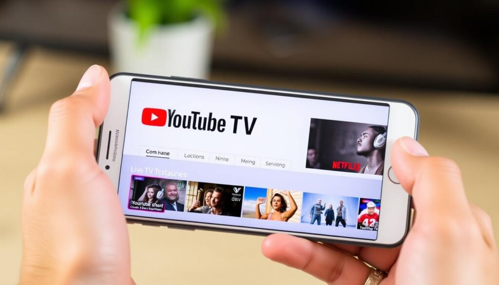 Generate an image of the YouTube TV app on a mobile device, highlighting its live TV streaming and DVR features. Generate an image of the YouTube TV app on a mobile device, highlighting its live TV streaming and DVR features.