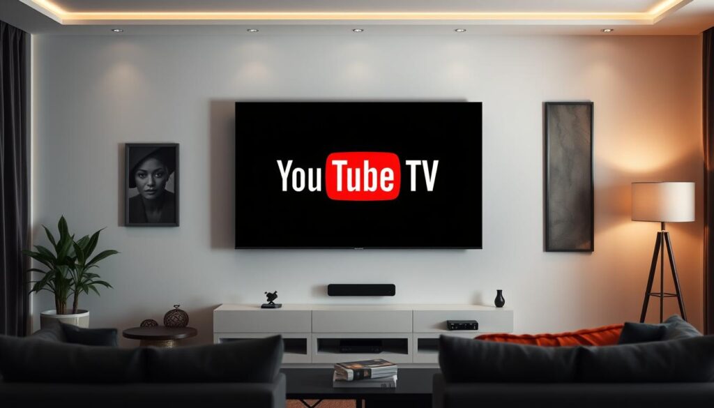 Generate an image of the YouTube TV logo on a modern TV screen. Generate an image of the YouTube TV logo on a modern TV screen.