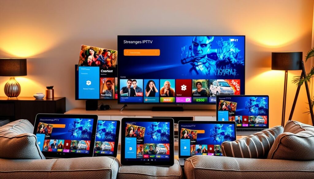 Generate an image of various devices streaming Portuguese IPTV Generate an image of various devices streaming Portuguese IPTV