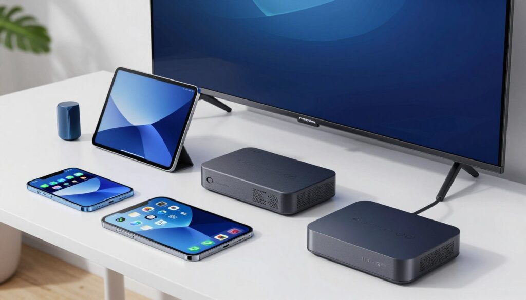 Generate an image of various devices such as smartphones, tablets, smart TVs, and streaming boxes. Generate an image of various devices such as smartphones, tablets, smart TVs, and streaming boxes.
