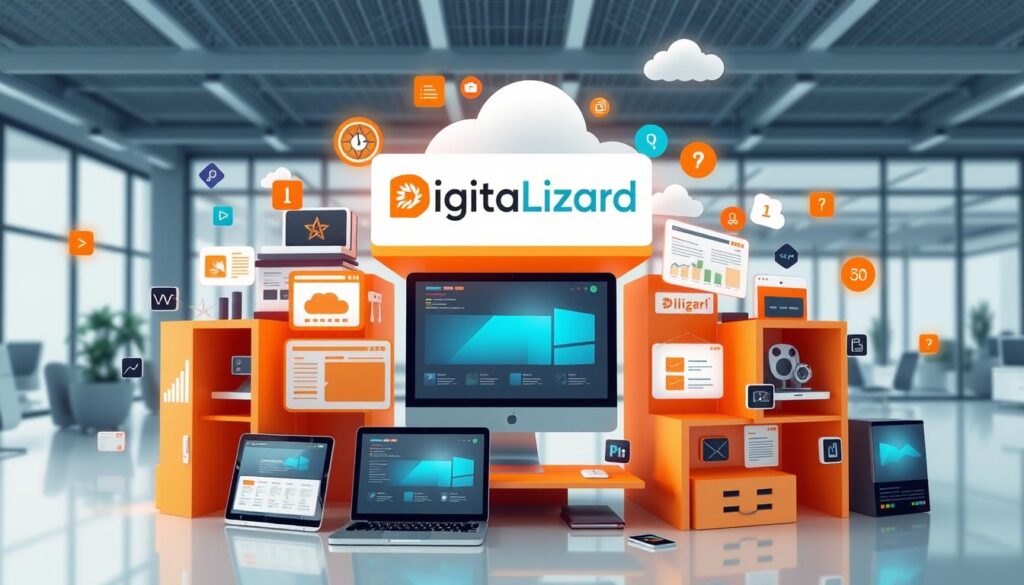 Generate an image representing DigitaLizard's robust infrastructure and content variety. Generate an image representing DigitaLizard's robust infrastructure and content variety.