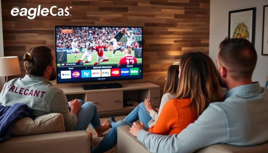 Generate an image representing EagleCast TV IPTV service with a focus on North American channels and sports Generate an image representing EagleCast TV IPTV service with a focus on North American channels and sports