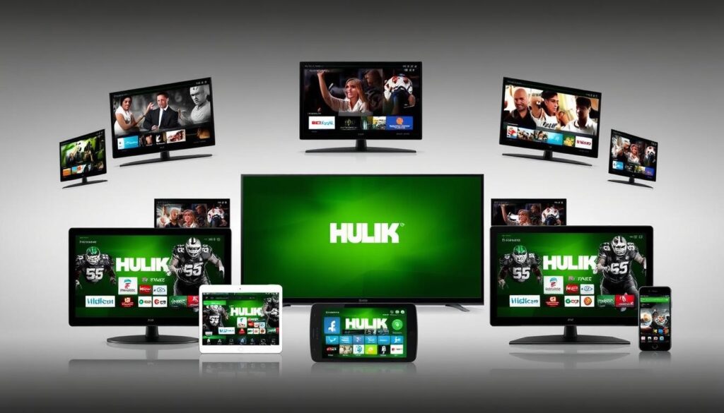Generate an image representing Hulk IPTV service with various devices showing different channels and content. Generate an image representing Hulk IPTV service with various devices showing different channels and content.