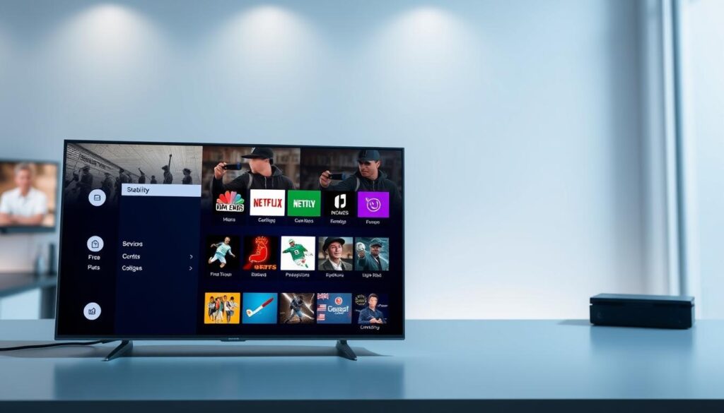 Generate an image representing IPTV Trends service with a focus on stability and extensive content library. Generate an image representing IPTV Trends service with a focus on stability and extensive content library.