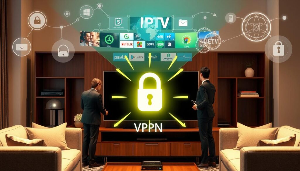 Generate an image representing IPTV streaming with a VPN Generate an image representing IPTV streaming with a VPN