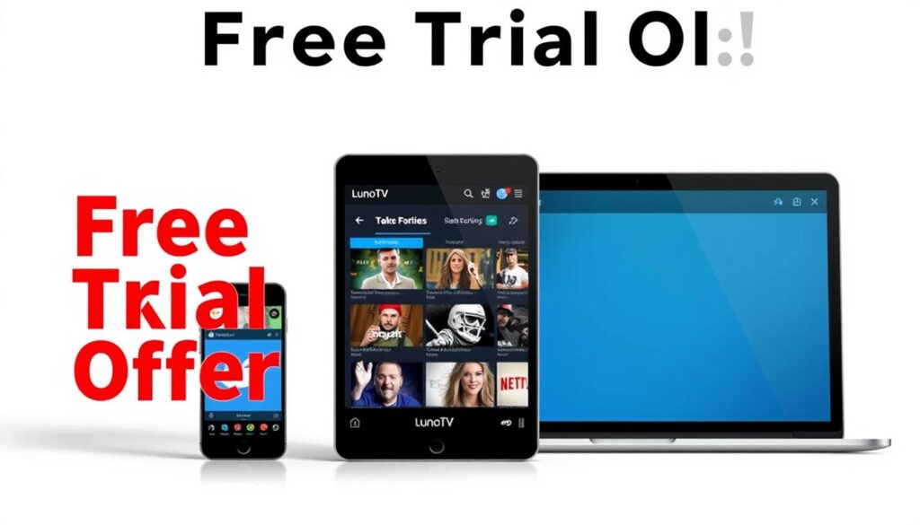 Generate an image representing LunoTV's free trial offer on multiple devices Generate an image representing LunoTV's free trial offer on multiple devices