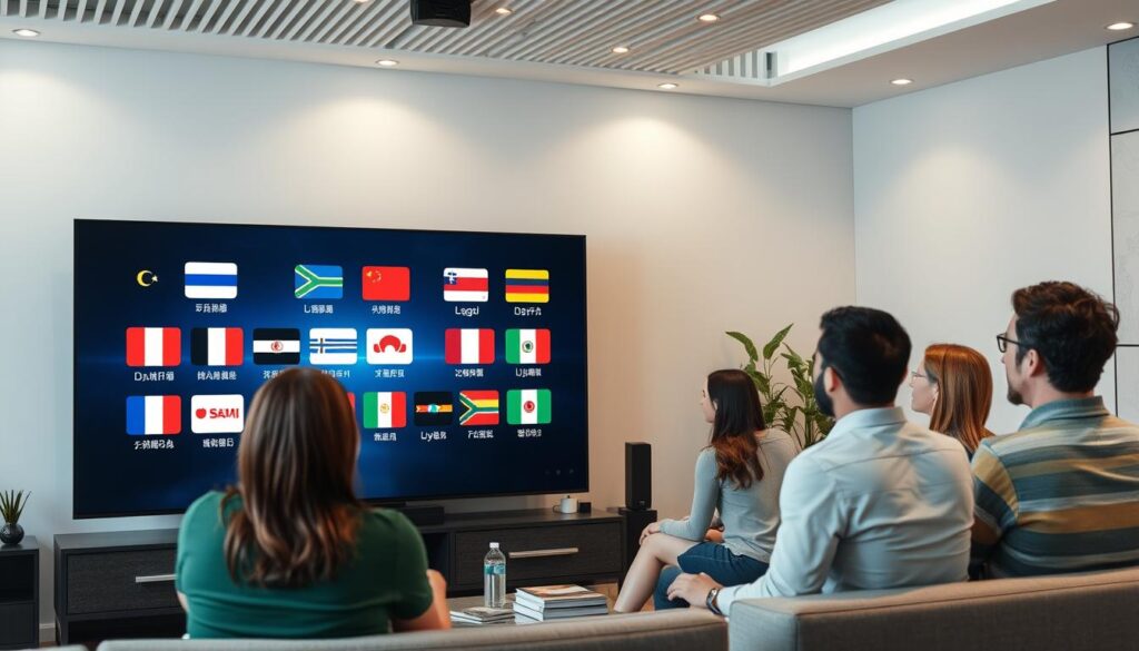 Generate an image representing international IPTV service with multiple language options. Generate an image representing international IPTV service with multiple language options.