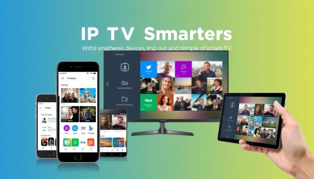 Generate an image representing the IPTV Smarters app, highlighting its compatibility with various devices and user-friendly interface. Generate an image representing the IPTV Smarters app, highlighting its compatibility with various devices and user-friendly interface.