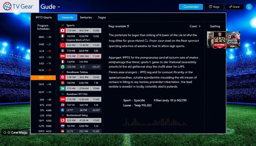 Generate an image showing IPTV Gear's EPG with detailed sports schedules and analysis. Generate an image showing IPTV Gear's EPG with detailed sports schedules and analysis.