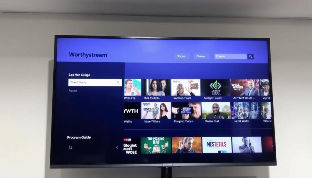 Generate an image showing Worthystream's electronic program guide on a TV. Generate an image showing Worthystream's electronic program guide on a TV.