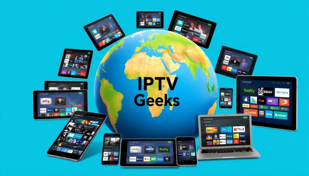 Generate an image showing a globe with various international channels streaming on different devices, labeled with "IPTV Geeks." Generate an image showing a globe with various international channels streaming on different devices, labeled with "IPTV Geeks."