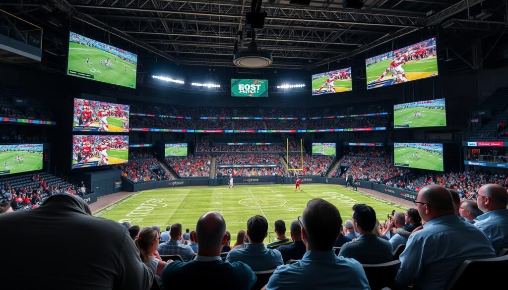 Generate an image showing a sports event streaming on EagleCast TV, highlighting its sports coverage. Generate an image showing a sports event streaming on EagleCast TV, highlighting its sports coverage.