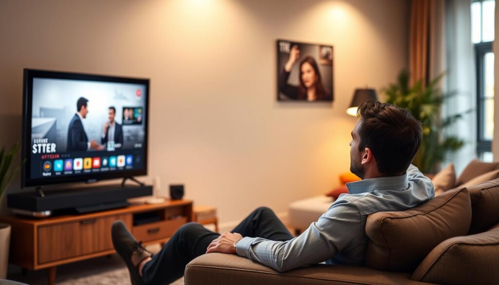 Generate an image showing a user enjoying their favorite show on Hoxtoon IPTV. Generate an image showing a user enjoying their favorite show on Hoxtoon IPTV.