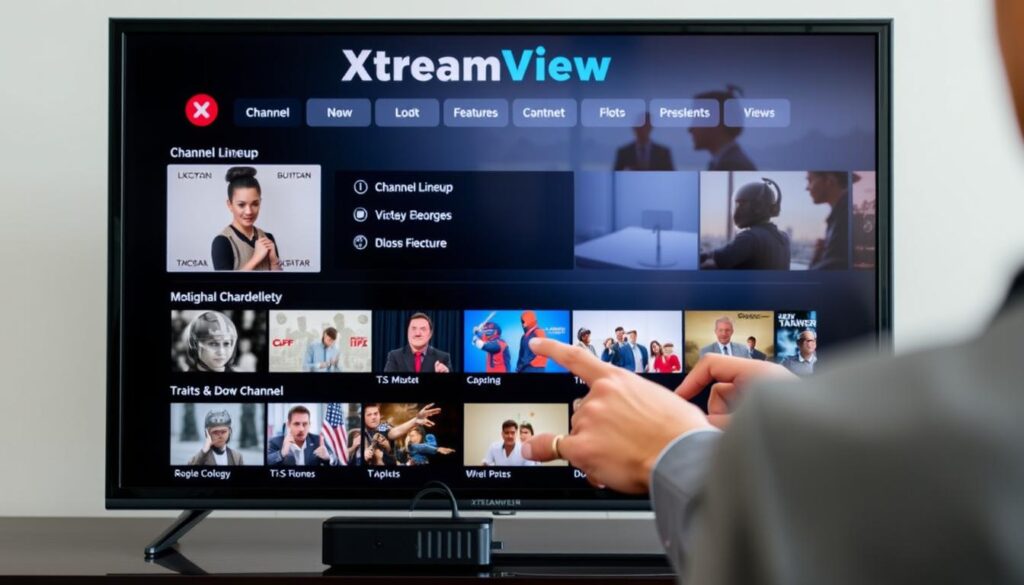 Generate an image showing the XtreamView IPTV app in use on a streaming device, highlighting its channel lineup and features. Generate an image showing the XtreamView IPTV app in use on a streaming device, highlighting its channel lineup and features.