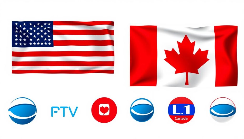 Generate an image showing the flags of USA and Canada with IPTV logos Generate an image showing the flags of USA and Canada with IPTV logos