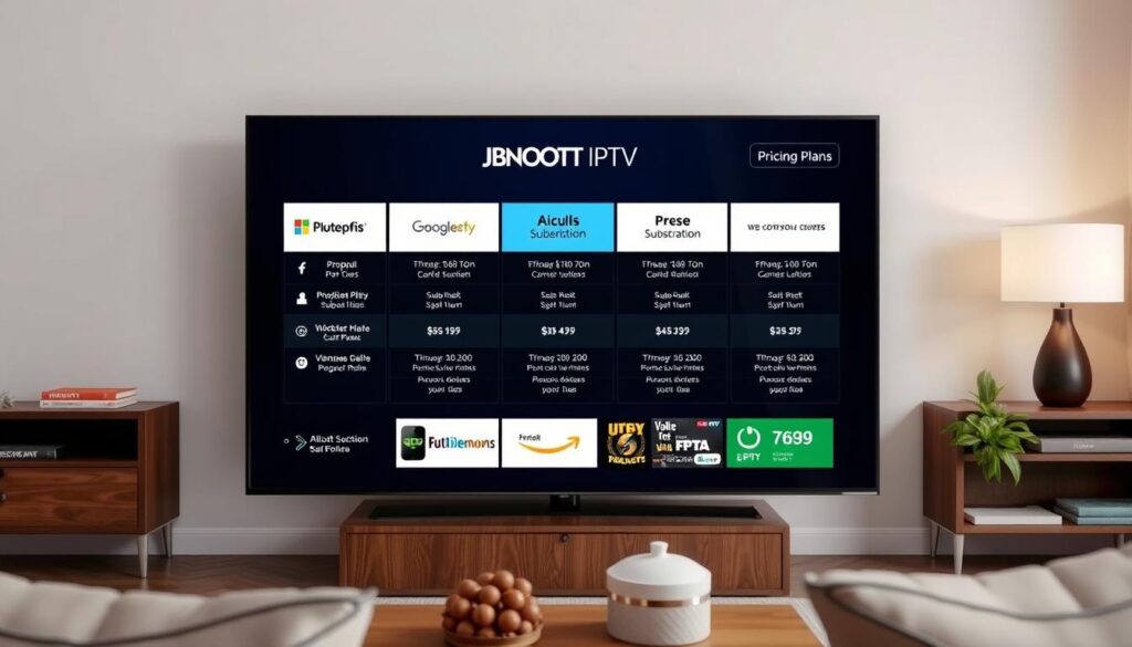 Image of JBNOTT IPTV service pricing plans on a TV screen Image of JBNOTT IPTV service pricing plans on a TV screen