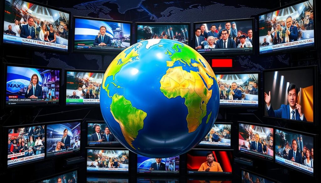 Image of a globe with various international channels on screen Image of a globe with various international channels on screen