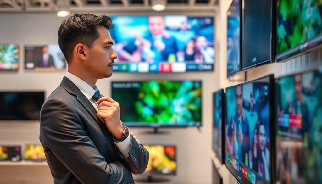 Image of a person choosing a Smart TV with IPTV capabilities Image of a person choosing a Smart TV with IPTV capabilities