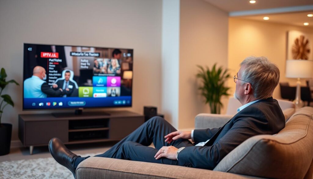 Image of a person enjoying their favorite TV show on a smart TV with IPTV.LLC service Image of a person enjoying their favorite TV show on a smart TV with IPTV.LLC service