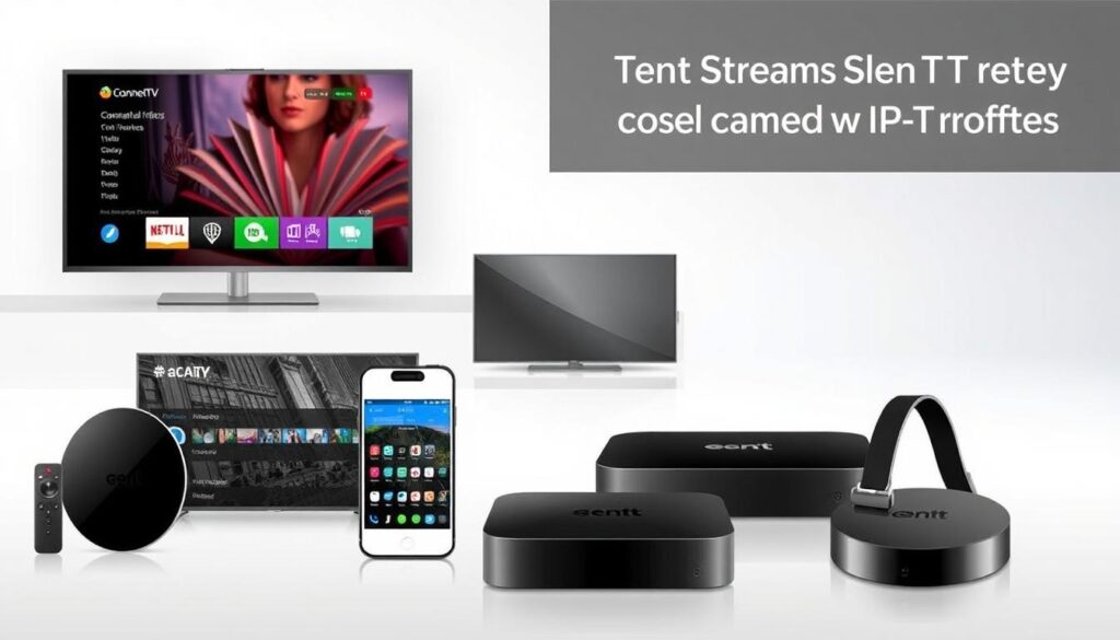 Image of various devices compatible with Tenet Streams IPTV, such as smart TVs, smartphones, and streaming devices. Image of various devices compatible with Tenet Streams IPTV, such as smart TVs, smartphones, and streaming devices.