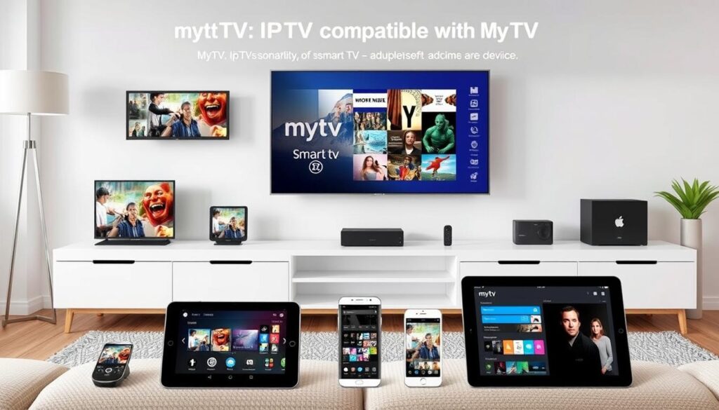 Image of various devices (smart TVs, mobile devices, etc.) compatible with mytv iptv Image of various devices (smart TVs, mobile devices, etc.) compatible with mytv iptv