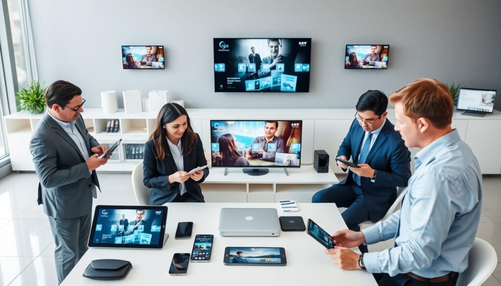 Image of various devices (smartphones, tablets, smart TVs, computers) connected and streaming content Image of various devices (smartphones, tablets, smart TVs, computers) connected and streaming content