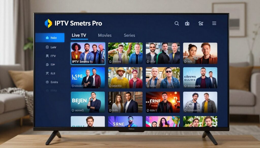 A detailed and modern IPTV Smarters Pro interface displayed on a sleek, high-resolution smart TV screen. In the foreground, show a user-friendly layout with vibrant thumbnails of various TV channels and shows, all neatly organized. The middle layer features an elegant, responsive menu bar at the top, showcasing different categories such as "Live TV," "Movies," and "Series." In the background, a cozy living room setting complements the tech ambiance with soft lighting, creating a warm yet modern atmosphere. Add a soft-focus effect to give depth, while ensuring the main interface remains crisp and clear. The overall impression should evoke efficiency and enjoyment in streaming, with the brand name "IPTVVUK.COM" subtly incorporated into the interface design, maintaining a professional look throughout. A detailed and modern IPTV Smarters Pro interface displayed on a sleek, high-resolution smart TV screen. In the foreground, show a user-friendly layout with vibrant thumbnails of various TV channels and shows, all neatly organized. The middle layer features an elegant, responsive menu bar at the top, showcasing different categories such as "Live TV," "Movies," and "Series." In the background, a cozy living room setting complements the tech ambiance with soft lighting, creating a warm yet modern atmosphere. Add a soft-focus effect to give depth, while ensuring the main interface remains crisp and clear. The overall impression should evoke efficiency and enjoyment in streaming, with the brand name "IPTVVUK.COM" subtly incorporated into the interface design, maintaining a professional look throughout.
