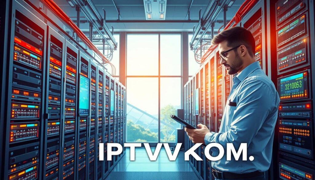 A detailed illustration of IPTV Streaming Infrastructure, showcasing a modern data center filled with high-tech servers and network equipment. In the foreground, highlight a technician in professional attire, working on a server rack, focused and engaged. The middle ground features rows of illuminated servers with blinking lights, organized cables, and screens displaying analytics about streaming quality. In the background, large windows allow natural light to flood the space, creating a contrast between the technical environment and the serene outside. The atmosphere is vibrant and energetic, symbolizing the reliability and efficiency of IPTV streaming services. The setting should include the branding "IPTVVUK.COM" subtly integrated into the scene. Use bright, balanced lighting and a slightly wide-angle lens to capture an expansive view of the infrastructure, emphasizing connectivity and technological sophistication. A detailed illustration of IPTV Streaming Infrastructure, showcasing a modern data center filled with high-tech servers and network equipment. In the foreground, highlight a technician in professional attire, working on a server rack, focused and engaged. The middle ground features rows of illuminated servers with blinking lights, organized cables, and screens displaying analytics about streaming quality. In the background, large windows allow natural light to flood the space, creating a contrast between the technical environment and the serene outside. The atmosphere is vibrant and energetic, symbolizing the reliability and efficiency of IPTV streaming services. The setting should include the branding "IPTVVUK.COM" subtly integrated into the scene. Use bright, balanced lighting and a slightly wide-angle lens to capture an expansive view of the infrastructure, emphasizing connectivity and technological sophistication.