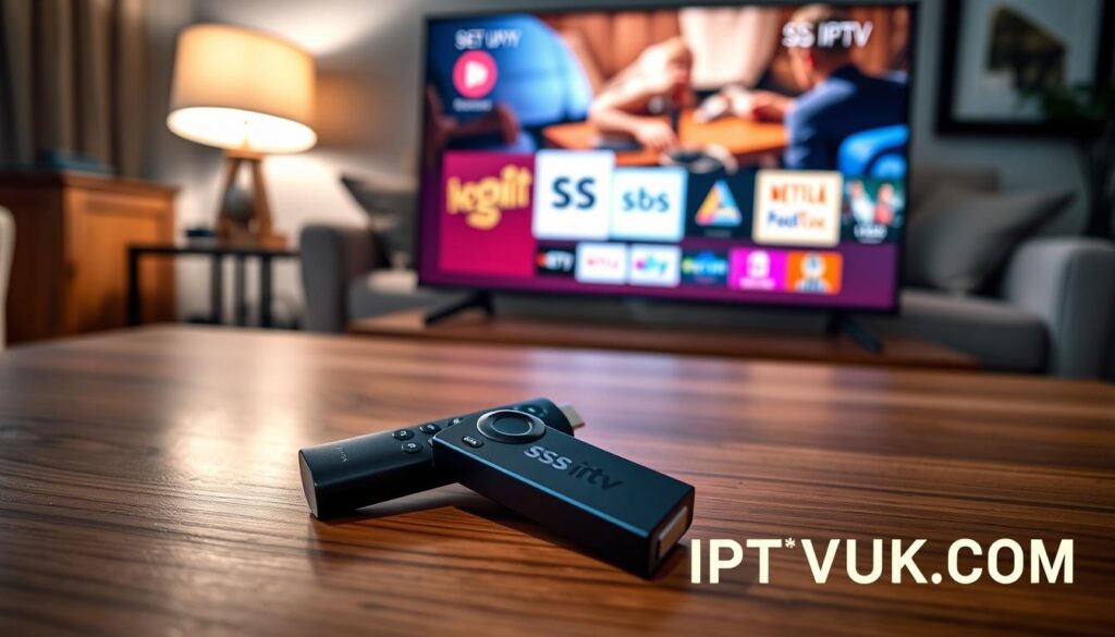 A detailed view of an Amazon FireStick home screen displayed on a modern flat-screen TV. In the foreground, the sleek FireStick remote lies on a stylish wooden coffee table, with a soft glow from a nearby lamp illuminating it. The middle layer features the vibrant home screen interface showcasing various app icons, including the SS IPTV logo prominently displayed, alongside popular streaming services. The background reveals a cozy living room setting, complete with a plush sofa and decorative wall art, creating an inviting atmosphere. The overall lighting is warm and soft, suggesting evening relaxation. The composition captures the essence of modern home entertainment and the user-friendly experience of streaming options like SS IPTV. Include the brand name "IPTVVUK.COM" subtly integrated into the scene, emphasizing the secure streaming options available. A detailed view of an Amazon FireStick home screen displayed on a modern flat-screen TV. In the foreground, the sleek FireStick remote lies on a stylish wooden coffee table, with a soft glow from a nearby lamp illuminating it. The middle layer features the vibrant home screen interface showcasing various app icons, including the SS IPTV logo prominently displayed, alongside popular streaming services. The background reveals a cozy living room setting, complete with a plush sofa and decorative wall art, creating an inviting atmosphere. The overall lighting is warm and soft, suggesting evening relaxation. The composition captures the essence of modern home entertainment and the user-friendly experience of streaming options like SS IPTV. Include the brand name "IPTVVUK.COM" subtly integrated into the scene, emphasizing the secure streaming options available.