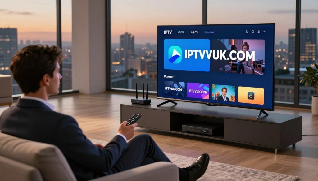 A futuristic living room scene featuring a sleek, modern TV displaying an IPTV interface. In the foreground, a professional in business attire sits comfortably on a stylish sofa, attentively using a remote control. The middle ground showcases a high-tech media console with streaming devices and an intricate router, symbolizing connectivity and security. Soft ambient lighting enhances the warm and inviting atmosphere, with a subtle gleam reflecting off the TV screen. The background features a large window overlooking a city skyline at twilight, adding depth and a sense of modernity. A logo for "IPTVVUK.COM" is prominently displayed on the screen, representing the IPTV service. The overall mood is relaxed yet professional, portraying the harmony of entertainment and legal security in streaming services. A futuristic living room scene featuring a sleek, modern TV displaying an IPTV interface. In the foreground, a professional in business attire sits comfortably on a stylish sofa, attentively using a remote control. The middle ground showcases a high-tech media console with streaming devices and an intricate router, symbolizing connectivity and security. Soft ambient lighting enhances the warm and inviting atmosphere, with a subtle gleam reflecting off the TV screen. The background features a large window overlooking a city skyline at twilight, adding depth and a sense of modernity. A logo for "IPTVVUK.COM" is prominently displayed on the screen, representing the IPTV service. The overall mood is relaxed yet professional, portraying the harmony of entertainment and legal security in streaming services.