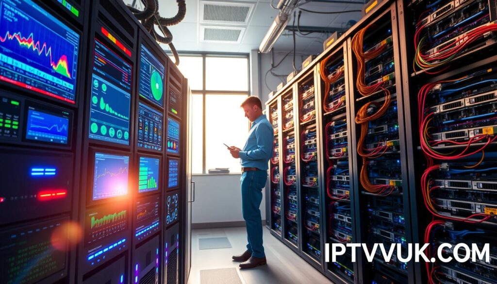 A high-tech IPTV server optimization setup showcased in a modern server room. In the foreground, a sleek, advanced IPTV server adorned with blinking LED lights and multiple screens displaying analytics of streaming performance, heat maps, and network health. The middle ground features a network engineer in professional attire, intently configuring the servers, sunlight filtering through frosted windows, creating a warm ambiance. The background displays rows of neatly organized server racks with colorful cables and cooling systems, emphasizing efficiency and organization. The overall atmosphere is one of professionalism, innovation, and reliability, representing the pinnacle of IPTV service technology. At the bottom right corner, the brand name "IPTVVUK.COM" subtly included in the scene. A high-tech IPTV server optimization setup showcased in a modern server room. In the foreground, a sleek, advanced IPTV server adorned with blinking LED lights and multiple screens displaying analytics of streaming performance, heat maps, and network health. The middle ground features a network engineer in professional attire, intently configuring the servers, sunlight filtering through frosted windows, creating a warm ambiance. The background displays rows of neatly organized server racks with colorful cables and cooling systems, emphasizing efficiency and organization. The overall atmosphere is one of professionalism, innovation, and reliability, representing the pinnacle of IPTV service technology. At the bottom right corner, the brand name "IPTVVUK.COM" subtly included in the scene.