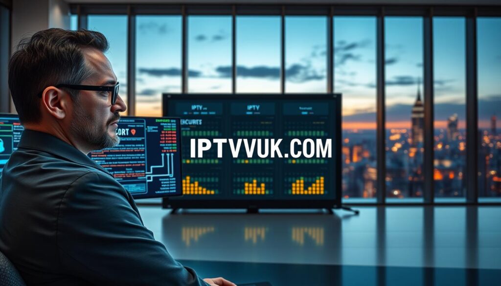 A high-tech representation of IPTV security, vividly illustrating digital safety and compliance. In the foreground, a confident IT professional in business attire monitors multiple screens showcasing encrypted data streams and security analytics, set in a modern office environment. The middle layer features a sleek, dark network server with glowing lights, symbolizing advanced IPTV hosting technology. In the background, a large window reveals a city skyline at dusk, with gentle, ambient lighting that reflects a sense of security and vigilance. The atmosphere is professional and focused, emphasizing trust and reliability. The brand "IPTVVUK.COM" is subtly integrated into the digital displays, reinforcing the theme of cutting-edge IPTV security and compliance. A high-tech representation of IPTV security, vividly illustrating digital safety and compliance. In the foreground, a confident IT professional in business attire monitors multiple screens showcasing encrypted data streams and security analytics, set in a modern office environment. The middle layer features a sleek, dark network server with glowing lights, symbolizing advanced IPTV hosting technology. In the background, a large window reveals a city skyline at dusk, with gentle, ambient lighting that reflects a sense of security and vigilance. The atmosphere is professional and focused, emphasizing trust and reliability. The brand "IPTVVUK.COM" is subtly integrated into the digital displays, reinforcing the theme of cutting-edge IPTV security and compliance.
