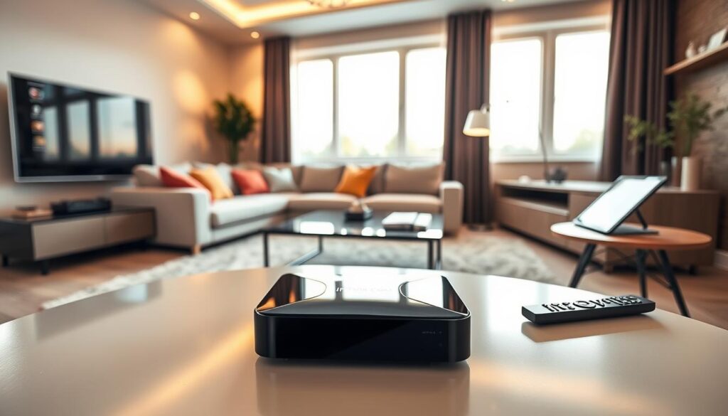 A modern living room featuring a sleek IPTV device prominently displayed on a stylish coffee table. The foreground showcases the device with a shiny black finish, connected to a large flat-screen television. In the middle ground, a soft, plush couch with colorful accent pillows invites viewers in, while a side table holds a tablet and remote control, symbolizing ease of access to IPTV services. The background reveals a well-lit room with large windows allowing warm, natural light to filter in, creating an inviting atmosphere. The overall mood is cozy and contemporary, emphasizing the premium features of IPTV. Include subtle branding of "IPTVVUK.COM" on the device, ensuring it blends seamlessly into the design. The image is shot from a slightly elevated angle, providing a comprehensive view of the sleek setup. A modern living room featuring a sleek IPTV device prominently displayed on a stylish coffee table. The foreground showcases the device with a shiny black finish, connected to a large flat-screen television. In the middle ground, a soft, plush couch with colorful accent pillows invites viewers in, while a side table holds a tablet and remote control, symbolizing ease of access to IPTV services. The background reveals a well-lit room with large windows allowing warm, natural light to filter in, creating an inviting atmosphere. The overall mood is cozy and contemporary, emphasizing the premium features of IPTV. Include subtle branding of "IPTVVUK.COM" on the device, ensuring it blends seamlessly into the design. The image is shot from a slightly elevated angle, providing a comprehensive view of the sleek setup.