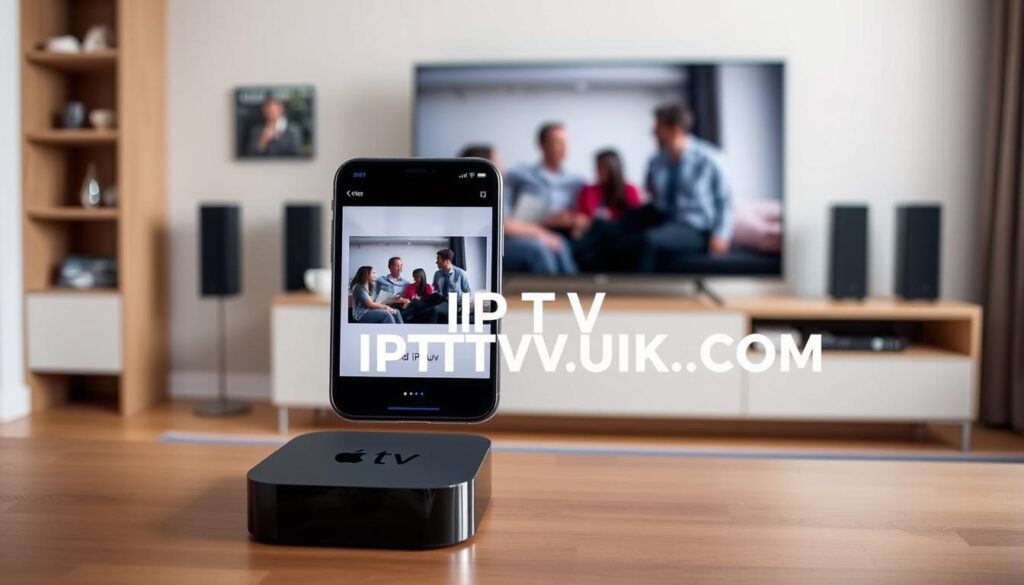 A modern living room scene depicting a sleek Apple TV on a stylish entertainment center. In the foreground, a smartphone with the screen mirroring interface displayed, showing the SS IPTV app casting to the Apple TV. The middle layer features a family watching the screen, dressed in smart casual clothing, enjoying their streaming experience together. The background hints at a cozy atmosphere with soft lighting, emphasizing a warm, inviting environment. Natural light streams through a window, creating a pleasant glow. The image conveys a sense of connectivity and modern technology, reflecting a seamless streaming experience. Include the brand name "IPTVVUK.COM" subtly integrated into the design elements within the scene, ensuring a professional and polished look. A modern living room scene depicting a sleek Apple TV on a stylish entertainment center. In the foreground, a smartphone with the screen mirroring interface displayed, showing the SS IPTV app casting to the Apple TV. The middle layer features a family watching the screen, dressed in smart casual clothing, enjoying their streaming experience together. The background hints at a cozy atmosphere with soft lighting, emphasizing a warm, inviting environment. Natural light streams through a window, creating a pleasant glow. The image conveys a sense of connectivity and modern technology, reflecting a seamless streaming experience. Include the brand name "IPTVVUK.COM" subtly integrated into the design elements within the scene, ensuring a professional and polished look.