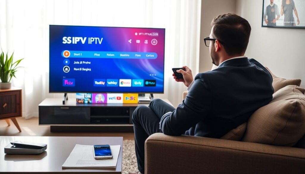 A modern living room scene featuring a sleek Smart TV displaying the SS IPTV interface prominently, showing various streaming options. In the foreground, a user, dressed in smart casual attire, is seated on a comfortable sofa, intently navigating the SS IPTV installation on the TV using a remote control. The middle layer includes a coffee table with tech gadgets like a smartphone and a tablet, alongside a user-friendly guide for SS IPTV installation. In the background, a bright window allows natural light to flood the room, enhancing the inviting atmosphere. Soft shadows create a warm, welcoming vibe, while the TV glows softly, focusing attention on the screen. The image conveys a sense of ease in setting up IPTV services through IPTVVUK.COM, reflecting a modern, tech-savvy lifestyle. A modern living room scene featuring a sleek Smart TV displaying the SS IPTV interface prominently, showing various streaming options. In the foreground, a user, dressed in smart casual attire, is seated on a comfortable sofa, intently navigating the SS IPTV installation on the TV using a remote control. The middle layer includes a coffee table with tech gadgets like a smartphone and a tablet, alongside a user-friendly guide for SS IPTV installation. In the background, a bright window allows natural light to flood the room, enhancing the inviting atmosphere. Soft shadows create a warm, welcoming vibe, while the TV glows softly, focusing attention on the screen. The image conveys a sense of ease in setting up IPTV services through IPTVVUK.COM, reflecting a modern, tech-savvy lifestyle.