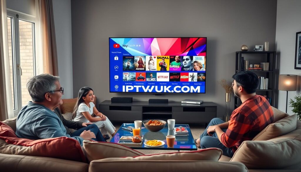A modern living room scene showcasing a family gathered around a sleek, large flat-screen TV streaming IPTV content. In the foreground, a diverse family of four, dressed in modest casual clothing, smiles as they engage with the content displayed on the screen. In the middle ground, a stylish yet comfortable sofa adorned with colorful cushions contrasts with a glass coffee table filled with snacks and drinks. In the background, subtle elements like a bookshelf filled with entertainment memorabilia and soft lighting create a cozy ambiance. Natural light streams in through a window, casting an inviting glow across the room. The IPTVVUK.COM logo appears on the TV screen, illustrating a vivid display of movies and shows, embodying the idea of entertainment convenience. A modern living room scene showcasing a family gathered around a sleek, large flat-screen TV streaming IPTV content. In the foreground, a diverse family of four, dressed in modest casual clothing, smiles as they engage with the content displayed on the screen. In the middle ground, a stylish yet comfortable sofa adorned with colorful cushions contrasts with a glass coffee table filled with snacks and drinks. In the background, subtle elements like a bookshelf filled with entertainment memorabilia and soft lighting create a cozy ambiance. Natural light streams in through a window, casting an inviting glow across the room. The IPTVVUK.COM logo appears on the TV screen, illustrating a vivid display of movies and shows, embodying the idea of entertainment convenience.