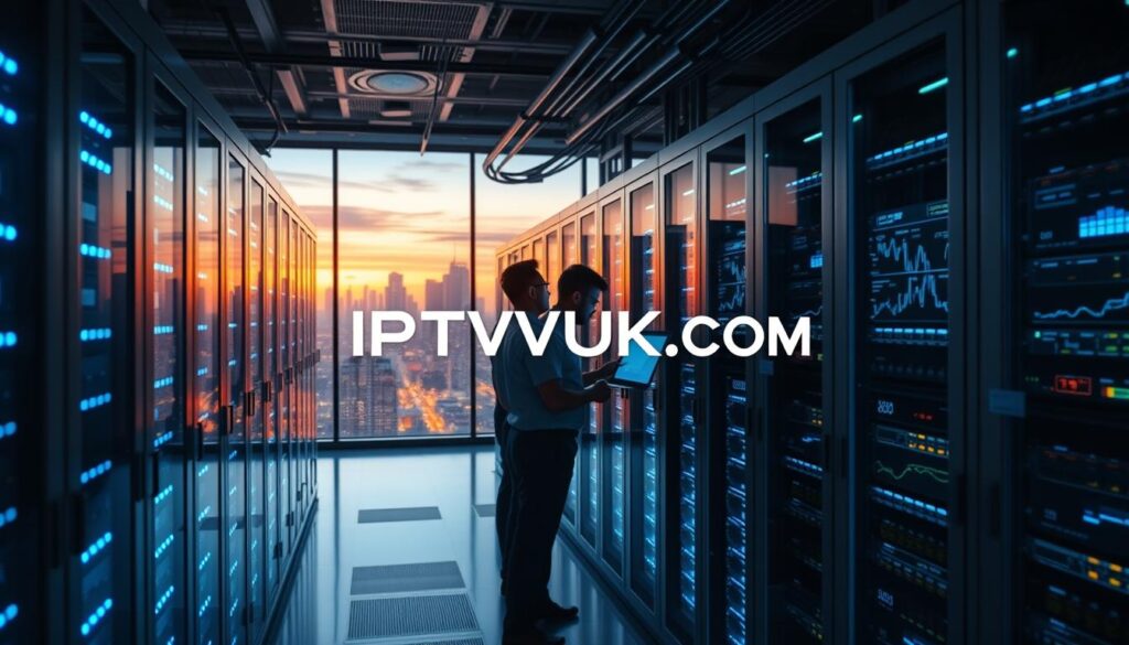 A modern, sophisticated IPTV infrastructure set in a sleek, high-tech data center. In the foreground, racks of servers are illuminated by soft blue LED lights, reflecting cutting-edge technology. The middle ground features technicians in professional business attire, carefully working on network equipment and monitoring dashboard screens filled with data analytics. The background showcases a glass wall with a panoramic view of a bustling city skyline at dusk, symbolizing growth and scalability. The scene is bathed in dynamic, ambient lighting that conveys a sense of innovation and reliability. Add the brand name "IPTVVUK.COM" subtly integrated into the server rack design. The overall mood should be focused and professional, highlighting the potential of scaling an IPTV business efficiently. A modern, sophisticated IPTV infrastructure set in a sleek, high-tech data center. In the foreground, racks of servers are illuminated by soft blue LED lights, reflecting cutting-edge technology. The middle ground features technicians in professional business attire, carefully working on network equipment and monitoring dashboard screens filled with data analytics. The background showcases a glass wall with a panoramic view of a bustling city skyline at dusk, symbolizing growth and scalability. The scene is bathed in dynamic, ambient lighting that conveys a sense of innovation and reliability. Add the brand name "IPTVVUK.COM" subtly integrated into the server rack design. The overall mood should be focused and professional, highlighting the potential of scaling an IPTV business efficiently.