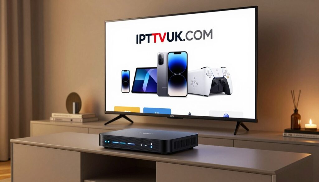 A sleek living room setting featuring an IPTV streaming device prominently displayed on a stylish media console. In the foreground, focus on the device with clear indicators of compatibility, showcasing modern design and LED status lights. In the middle, a high-definition television screen displays the IPTVVUK.COM logo alongside various compatible devices like a smartphone, tablet, and gaming console, arranged aesthetically. In the background, soft ambient lighting sets a cozy mood, with a subtle golden hue enhancing the welcoming atmosphere. Use a slightly angled perspective to create depth, emphasizing the interconnectedness of devices. The overall ambiance should be inviting and modern, suggesting a seamless streaming experience. A sleek living room setting featuring an IPTV streaming device prominently displayed on a stylish media console. In the foreground, focus on the device with clear indicators of compatibility, showcasing modern design and LED status lights. In the middle, a high-definition television screen displays the IPTVVUK.COM logo alongside various compatible devices like a smartphone, tablet, and gaming console, arranged aesthetically. In the background, soft ambient lighting sets a cozy mood, with a subtle golden hue enhancing the welcoming atmosphere. Use a slightly angled perspective to create depth, emphasizing the interconnectedness of devices. The overall ambiance should be inviting and modern, suggesting a seamless streaming experience.