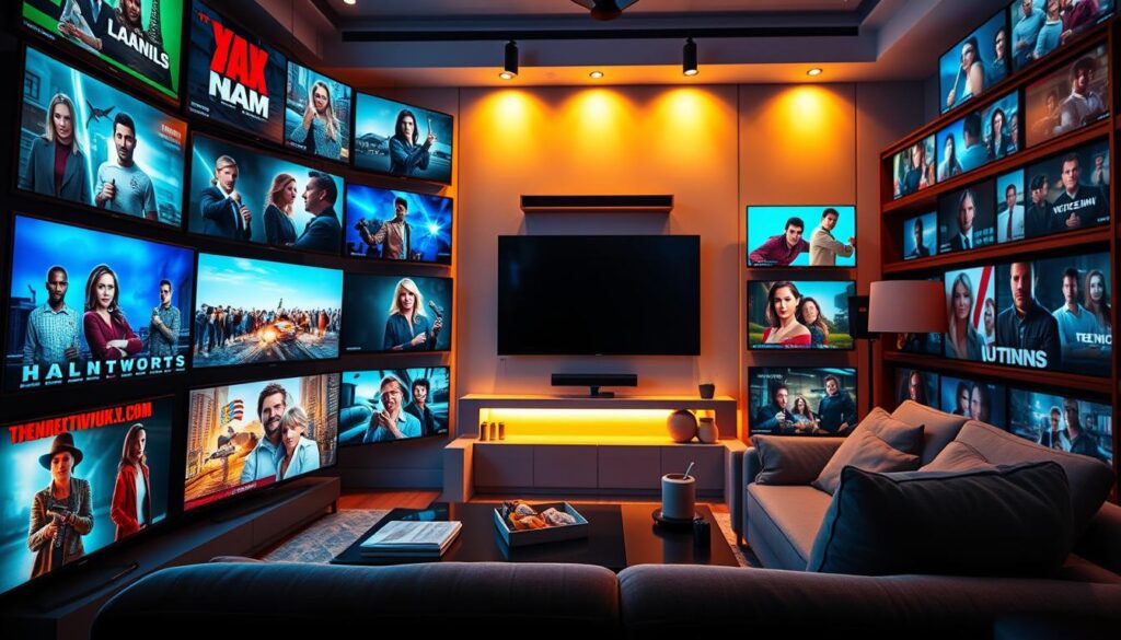 A vibrant digital collage showcasing IPTV channels, focusing on entertainment content like movies, series, and on-demand libraries. In the foreground, an array of eclectic television screens displaying diverse genres, from action-packed films to heartwarming dramas, in vivid colors. The middle layer features a cozy living room setting with a stylish sofa and a sleek coffee table, highlighting a remote control and snacks, creating a homey vibe. In the background, soft ambient lighting casts a warm glow, enhancing the inviting atmosphere. The image captures a cinematic feeling as though one is about to embark on a binge-watching marathon. Include branding elements subtly representing "IPTVVUK.COM" integrated into the screens. Use a 35mm lens effect to add depth, while maintaining a sharp focus on the foreground elements. A vibrant digital collage showcasing IPTV channels, focusing on entertainment content like movies, series, and on-demand libraries. In the foreground, an array of eclectic television screens displaying diverse genres, from action-packed films to heartwarming dramas, in vivid colors. The middle layer features a cozy living room setting with a stylish sofa and a sleek coffee table, highlighting a remote control and snacks, creating a homey vibe. In the background, soft ambient lighting casts a warm glow, enhancing the inviting atmosphere. The image captures a cinematic feeling as though one is about to embark on a binge-watching marathon. Include branding elements subtly representing "IPTVVUK.COM" integrated into the screens. Use a 35mm lens effect to add depth, while maintaining a sharp focus on the foreground elements.