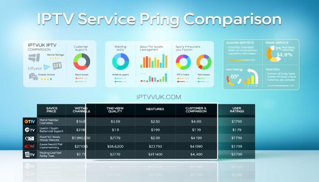 A visually engaging infographic illustrating "IPTV Service Pricing Comparison" with a clean, modern design. In the foreground, display a sleek table or chart comparing prices from various IPTV service providers, including the brand name "IPTVVUK.COM" prominently. Each row should represent a different service, featuring icons for features like channels, streaming quality, and customer support. In the middle ground, integrate colorful yet professional graphics, such as pie charts or bar graphs, to showcase pricing tiers and user ratings. The background should consist of a subtle gradient, adding depth without distracting, perhaps in shades of blue and green. The lighting should be bright and inviting, enhancing clarity. The overall mood is informative and professional, aimed at guiding viewers through pricing comparisons in a straightforward manner. A visually engaging infographic illustrating "IPTV Service Pricing Comparison" with a clean, modern design. In the foreground, display a sleek table or chart comparing prices from various IPTV service providers, including the brand name "IPTVVUK.COM" prominently. Each row should represent a different service, featuring icons for features like channels, streaming quality, and customer support. In the middle ground, integrate colorful yet professional graphics, such as pie charts or bar graphs, to showcase pricing tiers and user ratings. The background should consist of a subtle gradient, adding depth without distracting, perhaps in shades of blue and green. The lighting should be bright and inviting, enhancing clarity. The overall mood is informative and professional, aimed at guiding viewers through pricing comparisons in a straightforward manner.