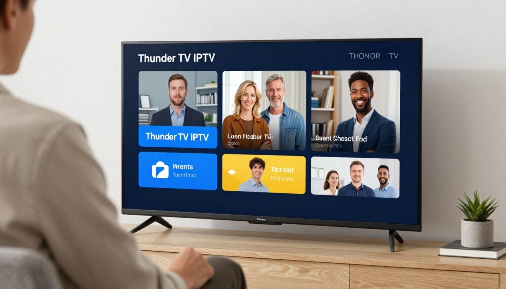 Generate an image of a person enjoying their favorite TV show on a smart TV with the Thunder TV IPTV app open. Generate an image of a person enjoying their favorite TV show on a smart TV with the Thunder TV IPTV app open.