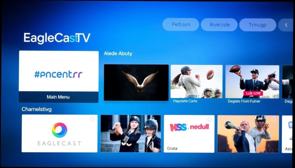 Generate an image of the EagleCast TV interface showcasing its main menu and channel lineup. Generate an image of the EagleCast TV interface showcasing its main menu and channel lineup.