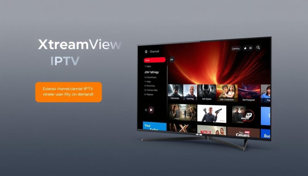 Generate an image of the XtreamView IPTV interface showcasing its vast channel lineup and on-demand content. Generate an image of the XtreamView IPTV interface showcasing its vast channel lineup and on-demand content.